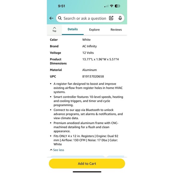 AC Infinity AIRTAP T4 White, Register Booster Fan for 4” x 12” Register Holes - Picture 3 of 9